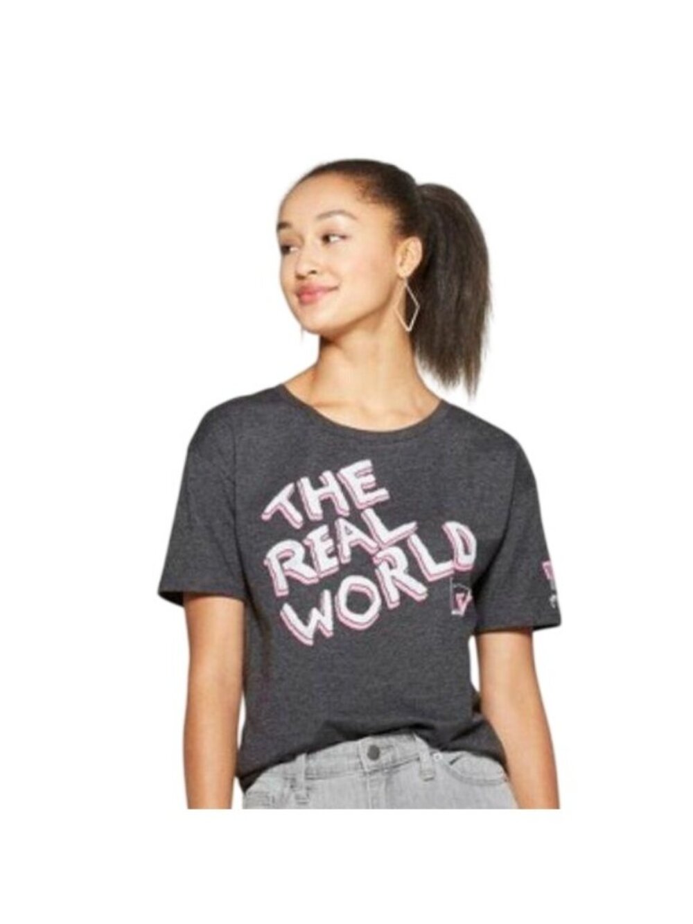 Womens XS Tee MTV The Real World Logo Graphic Oversized Charcoal Gray SS Hip Hop